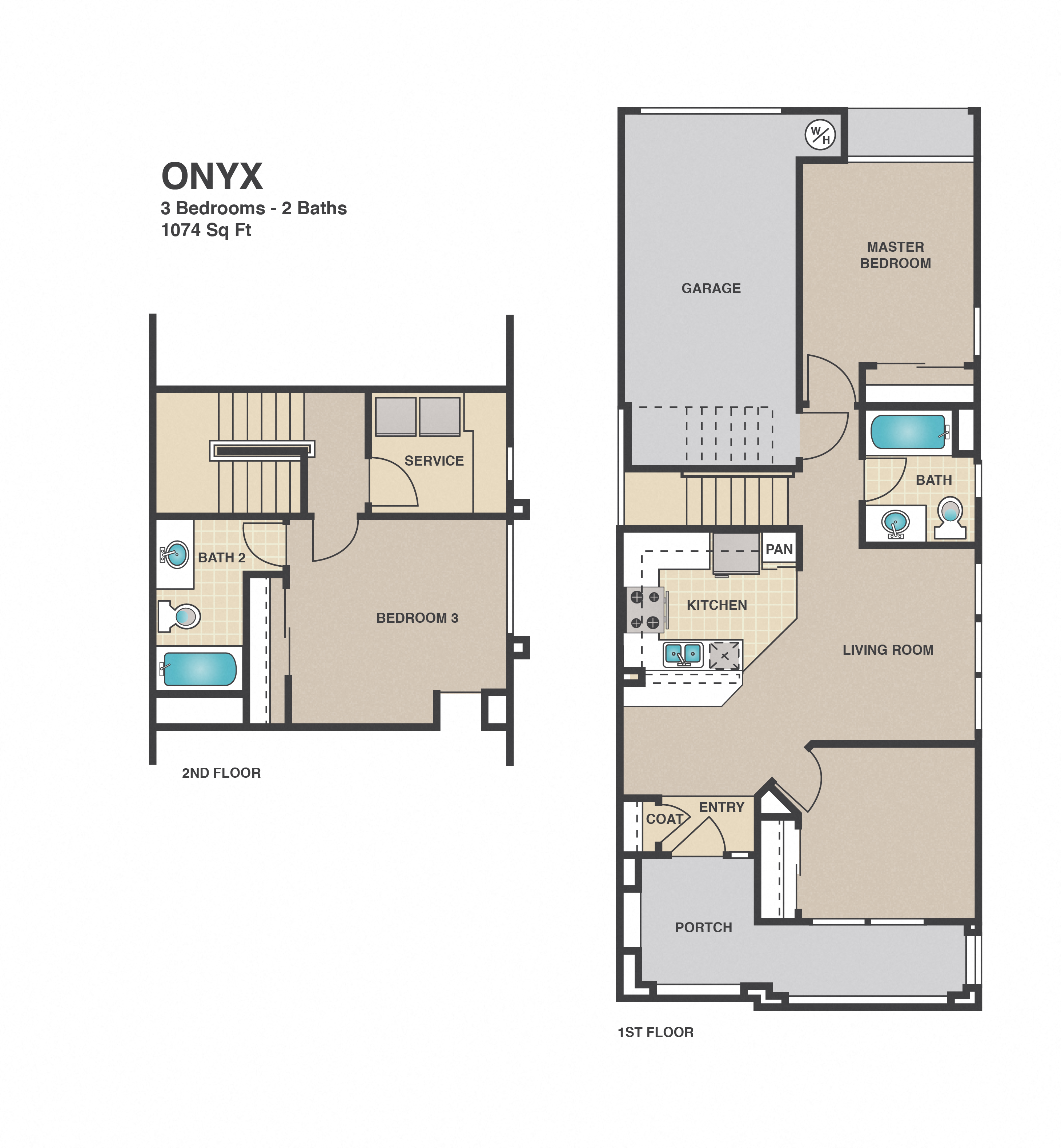 Floor plan for 3 beds, 2 baths, 1074 sqft